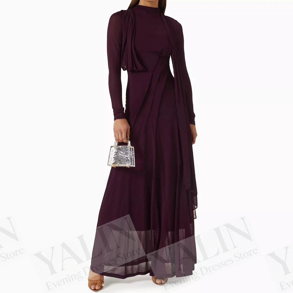 Ruched Draped A-Line Prom Dress | High-Neck Full Sleeve Ankle-Length Evening Gown Luxegan