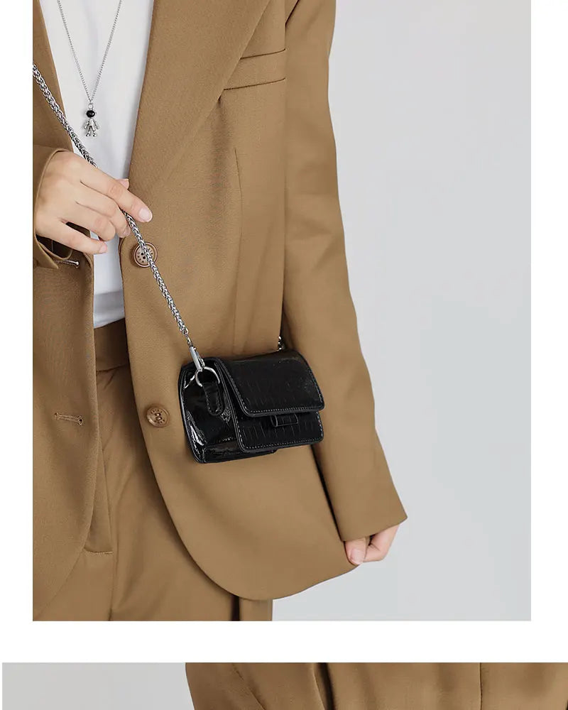 Summer Patent Leather Chain Mini Handbag | Women's Silver PU Crossbody Bag | HARD Fashion Square Buckle Lipstick Purse Luxegan