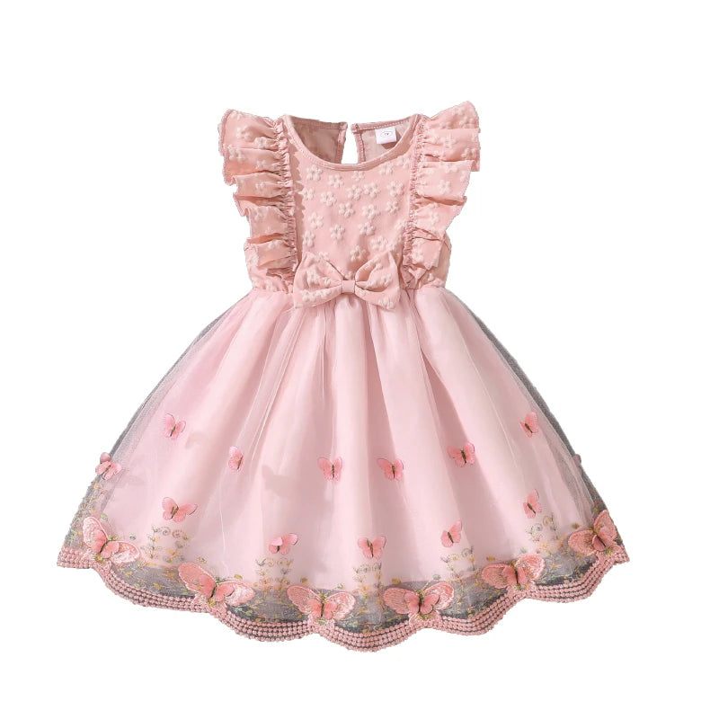 Girls' Floral Print Embroidered Princess Dress | Sweet Wing-Sleeve Bowknot Birthday Party Gown | Summer Cute A-Line Knee-Length Kids Clothing Luxegan