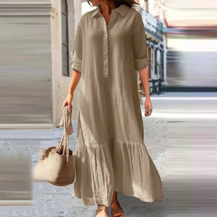 Women's Solid Cotton Hemp Casual Robe Dress | Shirt Collar Twisted Buckle Maxi Dress | Full-Sleeve Loose-Fit A-Line Spring Summer Streetwear Luxegan