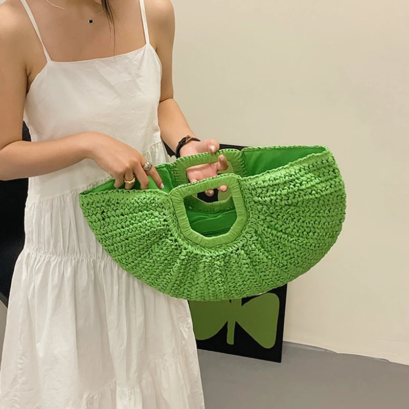 Summer Straw Women Half-moon Beach Handbag | Rattan Handmade Handle & Knitted Tote Bag Luxegan
