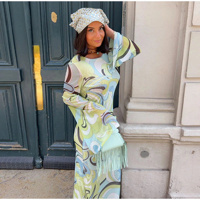 Print Round Neck Long Flared Sleeve Backless Slim Fit Trumpet/Mermaid Ankle-Length Dress – Empire Waist, Spring/Summer Luxegan