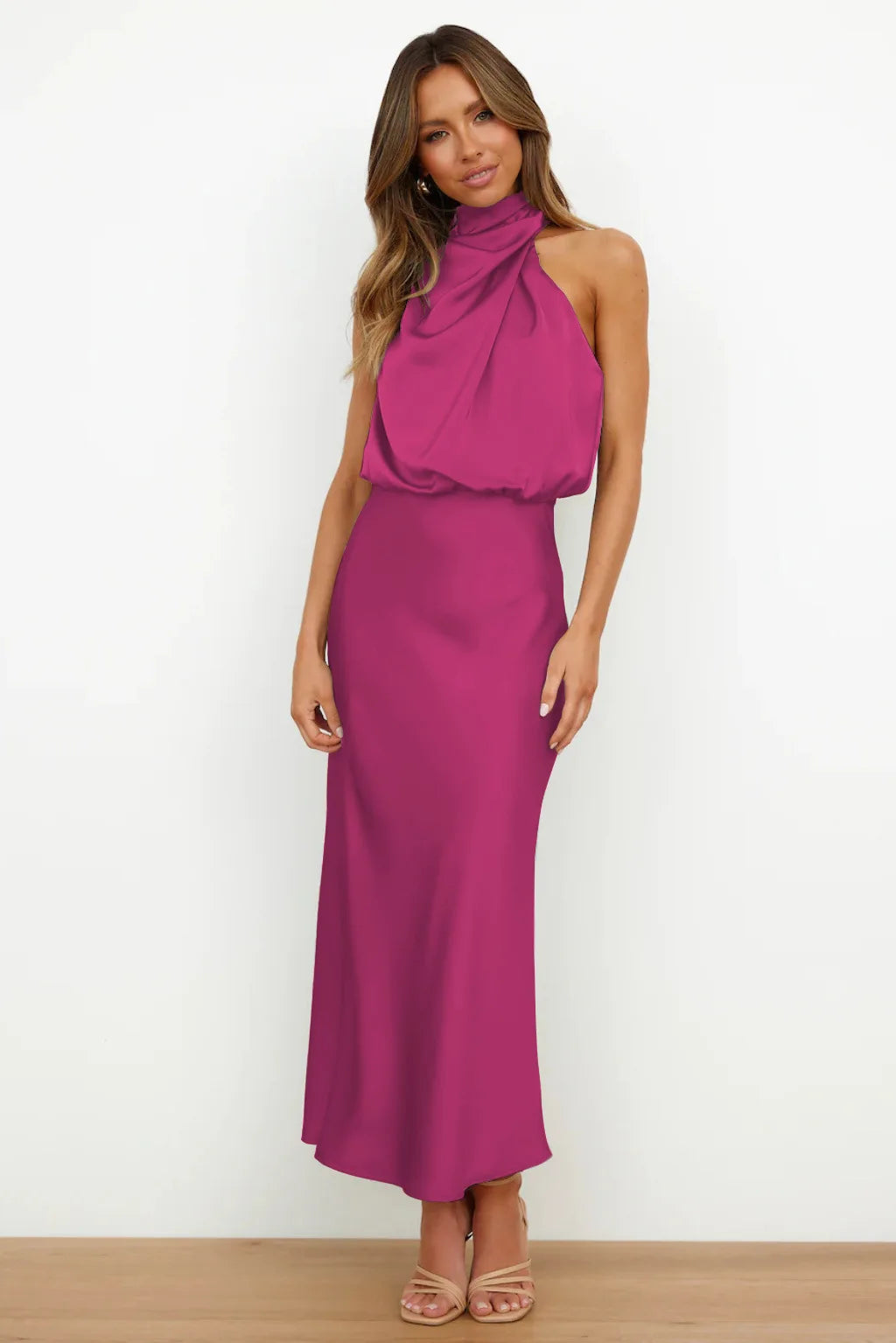 Women's Summer High-End Silk Satin Long Dress | Elegant Celebrity Evening Gown | Luxury Scarf Collar Sleeveless Party Dress | Premium Knit Asymmetrical Slip Maxi Robe Luxegan
