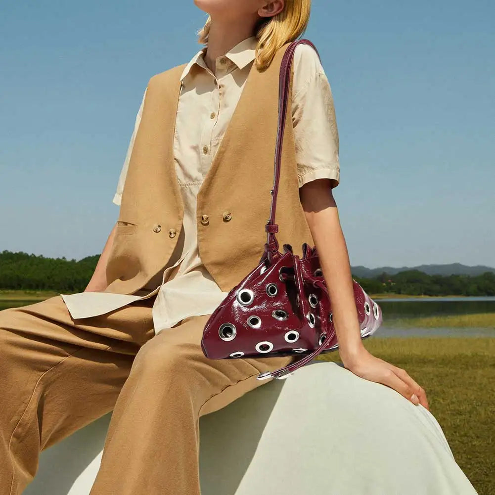 Y2K Retro Hobo Handbag | Metal Stud Large Capacity Drawstring Bag Luxegan