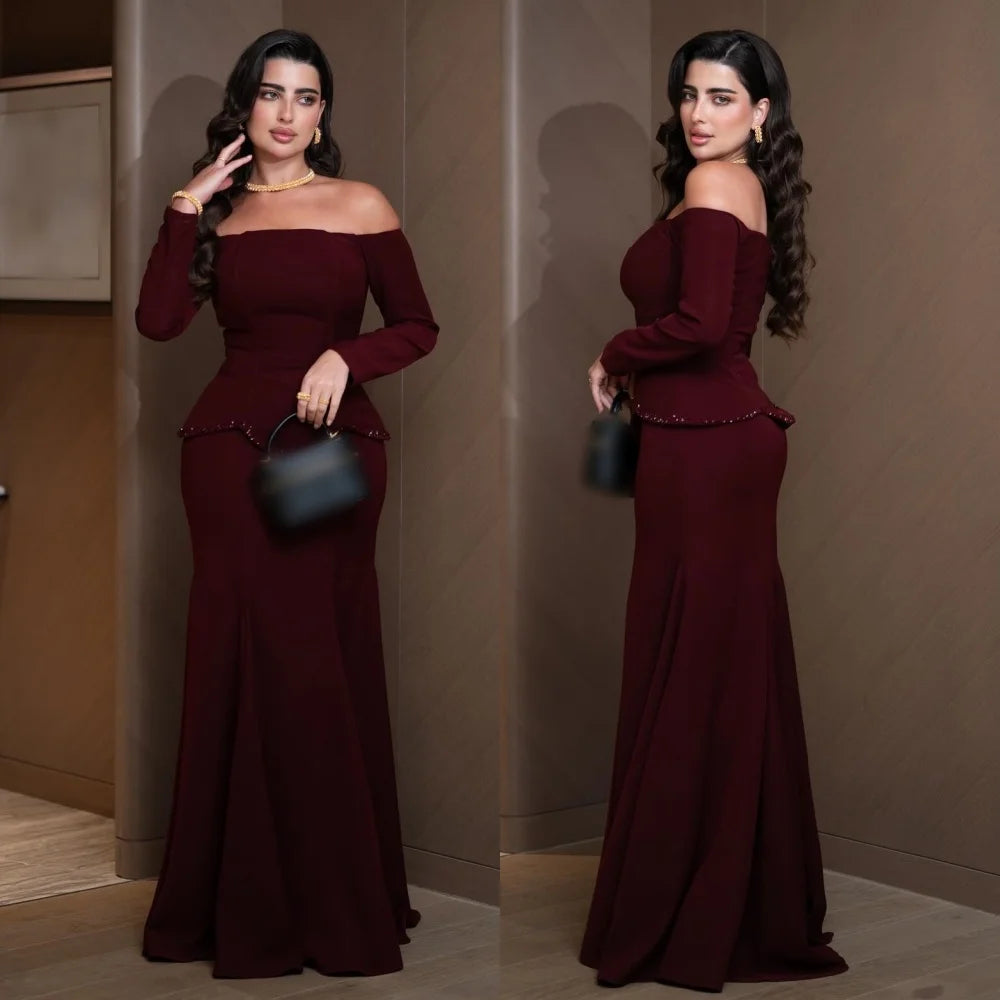 Glitter Jersey Off-Shoulder Trumpet Gown – Long Sleeve, Floor-Length Evening Dress Luxegan