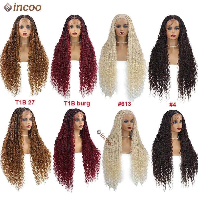 Long 32 Boho Braided Full Lace Front Wigs Synthetic Blonde Curly Goddess Locs Cornrows Wigs Pre Plucked Baby Hair Box Braids Wig Luxegan