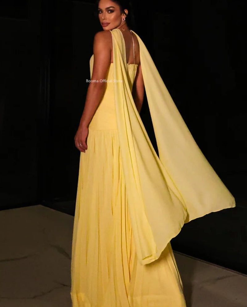 Women's A-Line Yellow Evening Dress | Elegant Pleated Formal Prom Gown | Classic Strapless Floor-Length Evening Dress | Premium Chiffon Sleeveless Custom Made Robe Model M2-250925-11 Luxegan