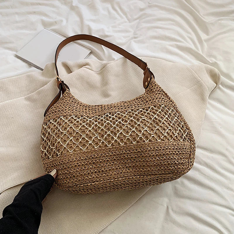 Large Capacity Summer Straw Weaving Shoulder Bag | Women's Handmade Crochet Beach Handbag & Woven Hollow Out Underarm Knitting Bag Luxegan