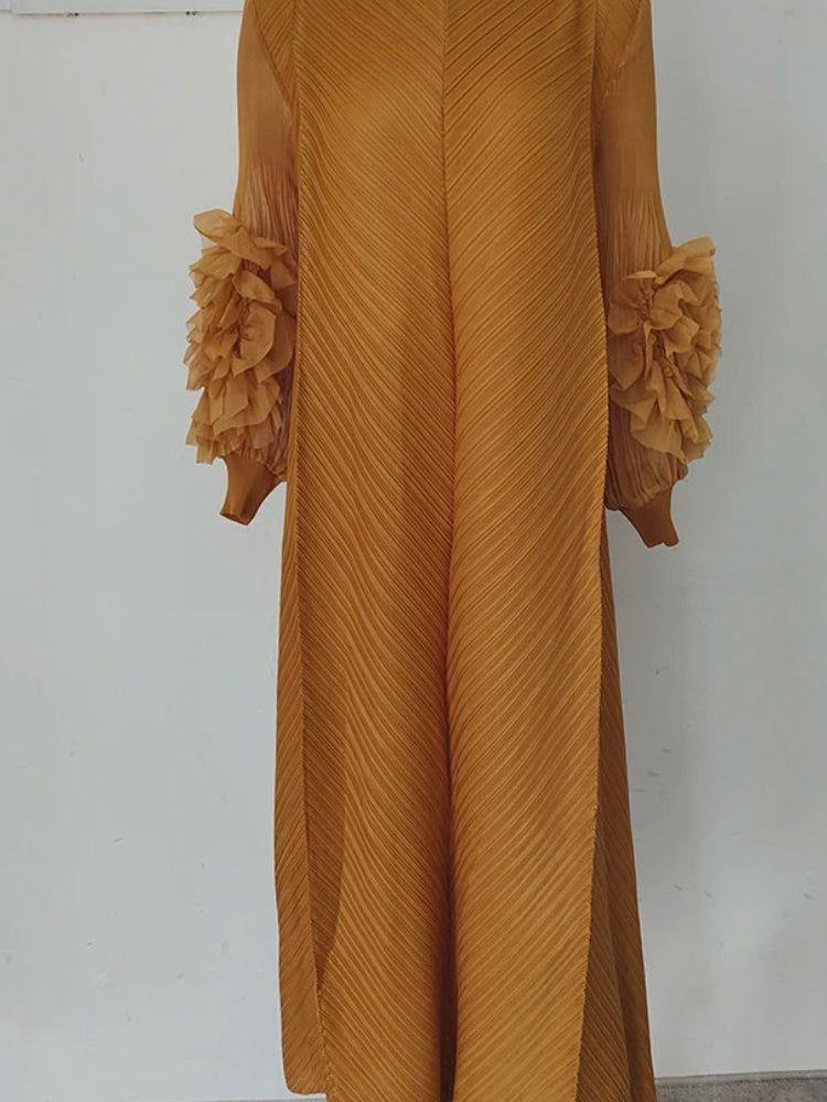 Pleated Lettuce Hem Maxi Dress | Turtleneck Full Sleeve Loose A-Line Casual Dress Luxegan