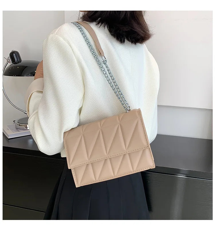Embroidery Plaid Chain Flap Bag | Sophisticated Solid-Color Shoulder Handbag | Elegant Casual Crossbody Purse | "Dignified" Hard Square Bag for Versatile Daily Styling Luxegan