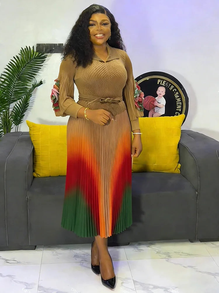 Gradient Pleated Miyake A-Line Dress for Women | Elegant Lapel Lantern Sleeve Belted Slimming Dress | Premium High-Stretch Mid-Calf Office Lady Dress | Model ER66 9R66 All-Season Pullover Gown Luxegan