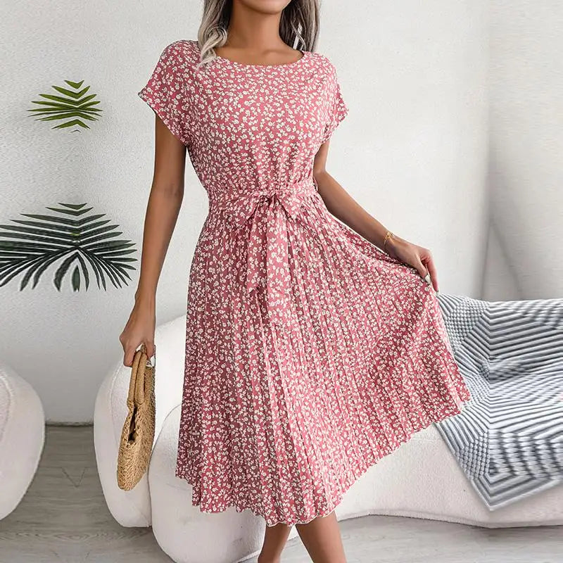 Floral Chiffon High-Waist A-Line Dress | Pleated O-Neck Short Sleeve Casual Dress | Elegant Empire Waist Summer Midi Dress Luxegan