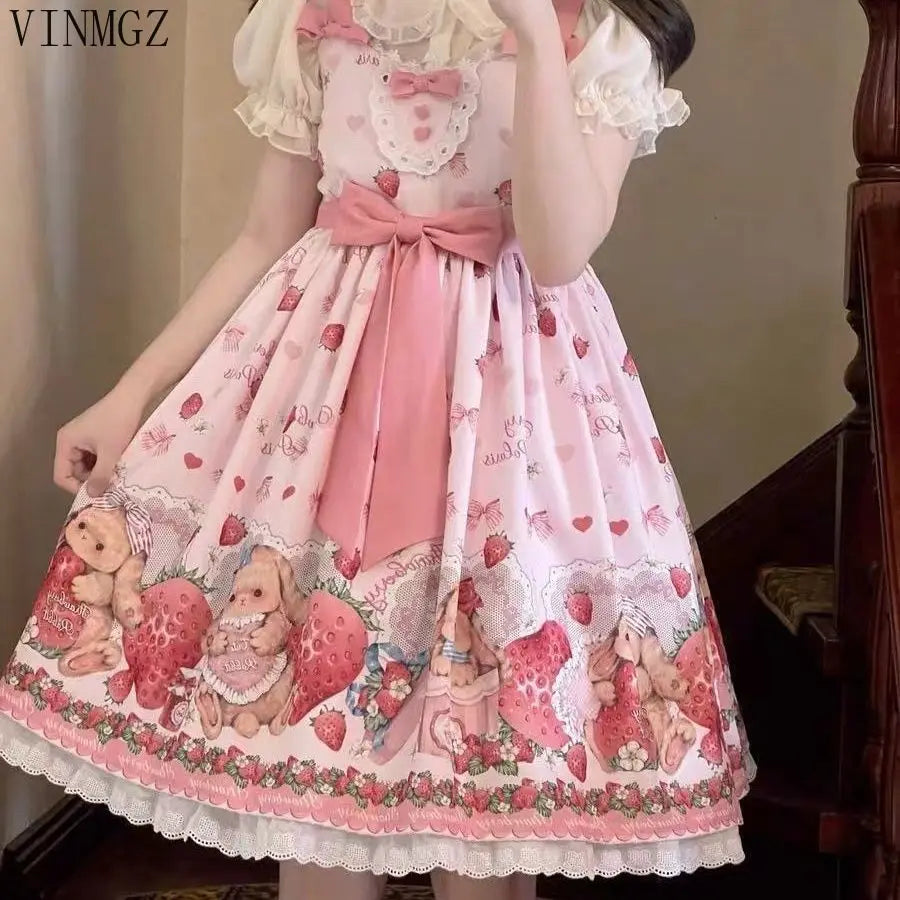 Falling Rabbit Berry Lolita Pink Cute SJK Dress Lolita Big Skirt Girls Birthday Show Cake Dress  birthday dress for women