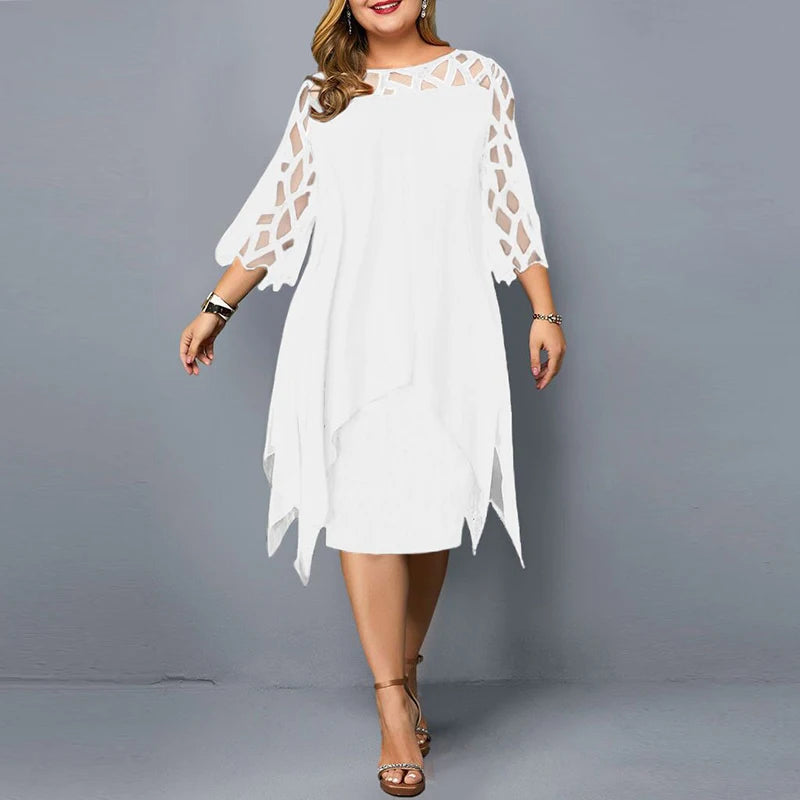 Solid Round Neck Three-Quarter Sleeve Hollow Out Regular Fit Straight Knee-Length Chiffon Dress – Spring/Summer Luxegan