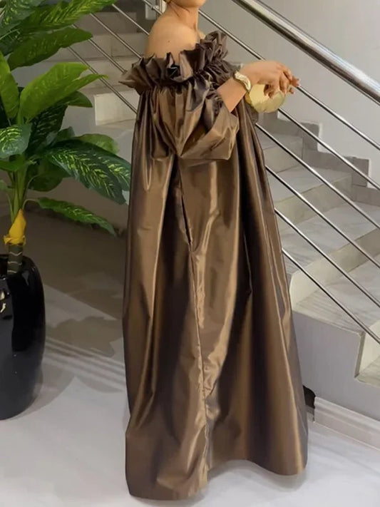 Solid Color Falbala Maxi Dress | Sophisticated Off-the-Shoulder Loose Silhouette | Elegant "Floor-Length" Falbala Gown | "Dignified" Puff Sleeve Streetwear Outfit for Radiant Versatile Styling Luxegan