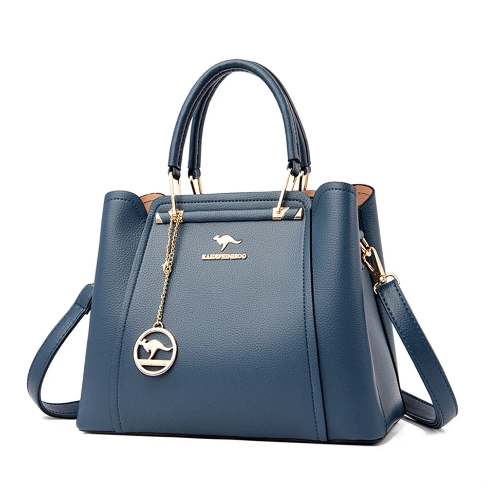 Luxury Women’s Designer 3-Layer Shoulder Bag | Large Capacity Microfiber Leather Crossbody | Sophisticated Shopper Tote with Kangaroo Logo & Pendant | Fashion-Forward Multi-Compartment Messenger Luxegan