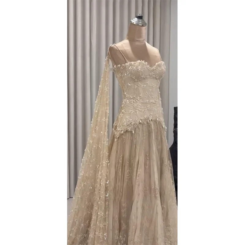 Women's Luxury Beaded Lace Evening Dress | Exquisite Sweetheart Neck Prom Gown | Elegant Crystal Sequined Tulle Floor-Length Dress | Premium Spaghetti Strap A-Line Robe with Built-in Bra Luxegan