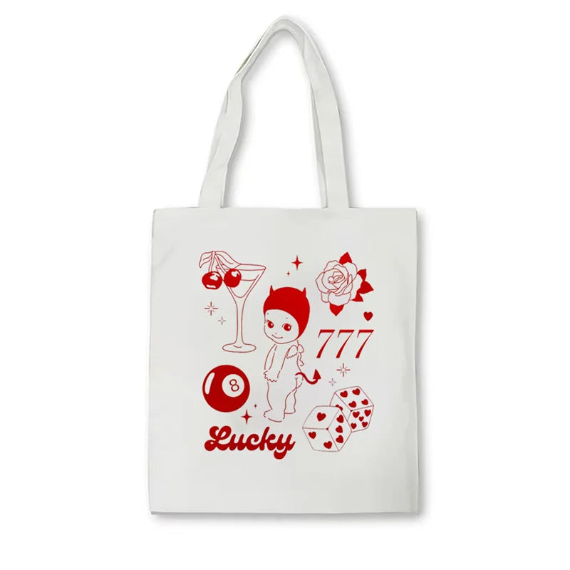 Sonny Angel Kewpie Cherub Canvas Tote Bag | Lucky Girl Eco-friendly Reusable Shopping & Book Bag (Women's Merch) Luxegan