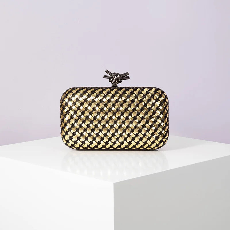 Woven Contrast Color Evening Clutch | Sophisticated Microfiber Thread Braid Handbag | Elegant Classic Chain Small Square Bag | "Dignified" Hard-Shell Woven Purse for Formal Party Styling Luxegan