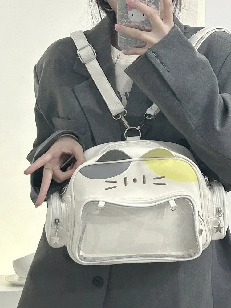 Women’s Fashion Y2K Cat Ita Bag | Sophisticated Korean & Japan Kawaii Backpack | Elegant PU Leather Cute Girls' Handbag | Aesthetic Transparent Pocket Shoulder & Crossbody Bag Luxegan