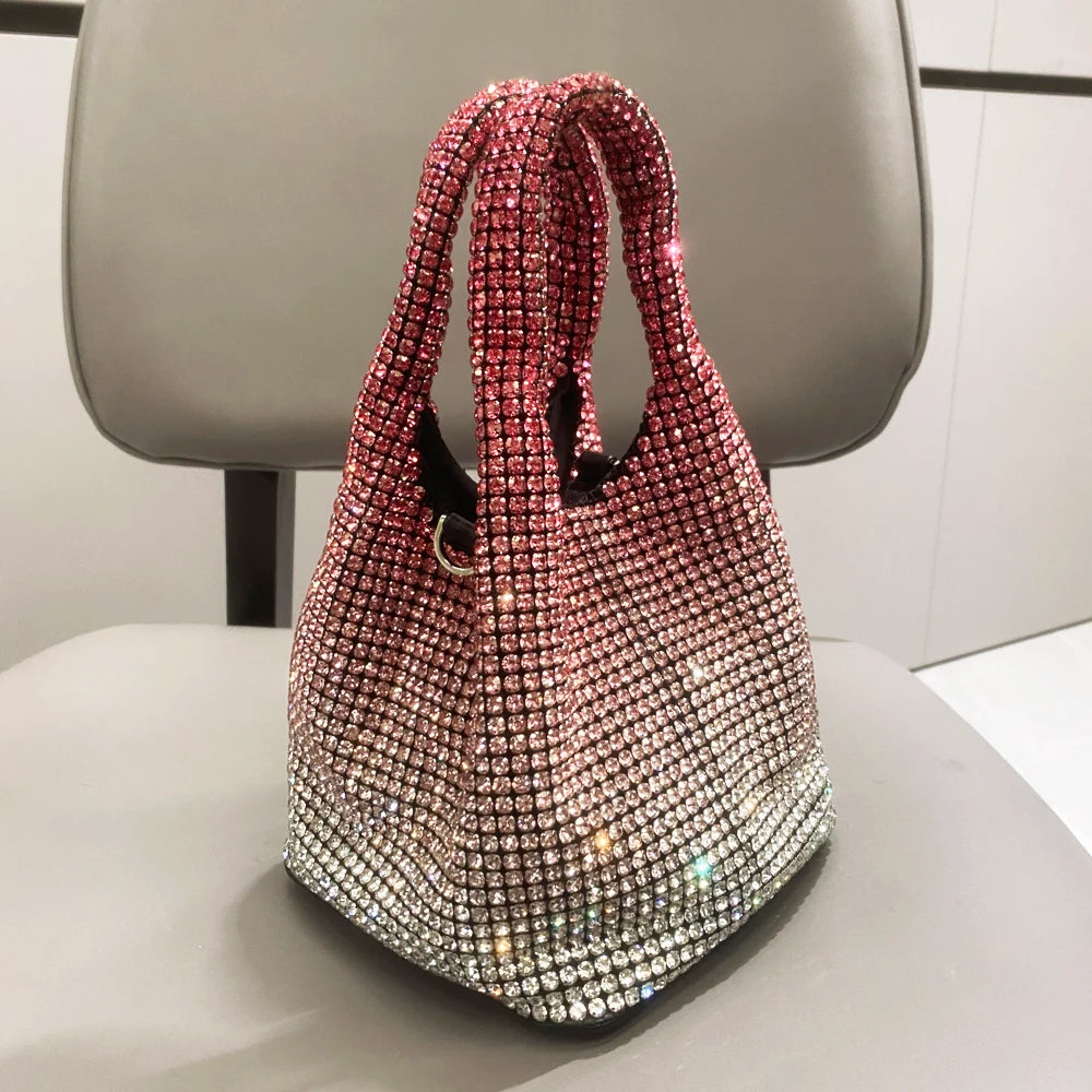 Shiny Crystal Bucket Bag | Luxury Designer Evening Clutch Luxegan