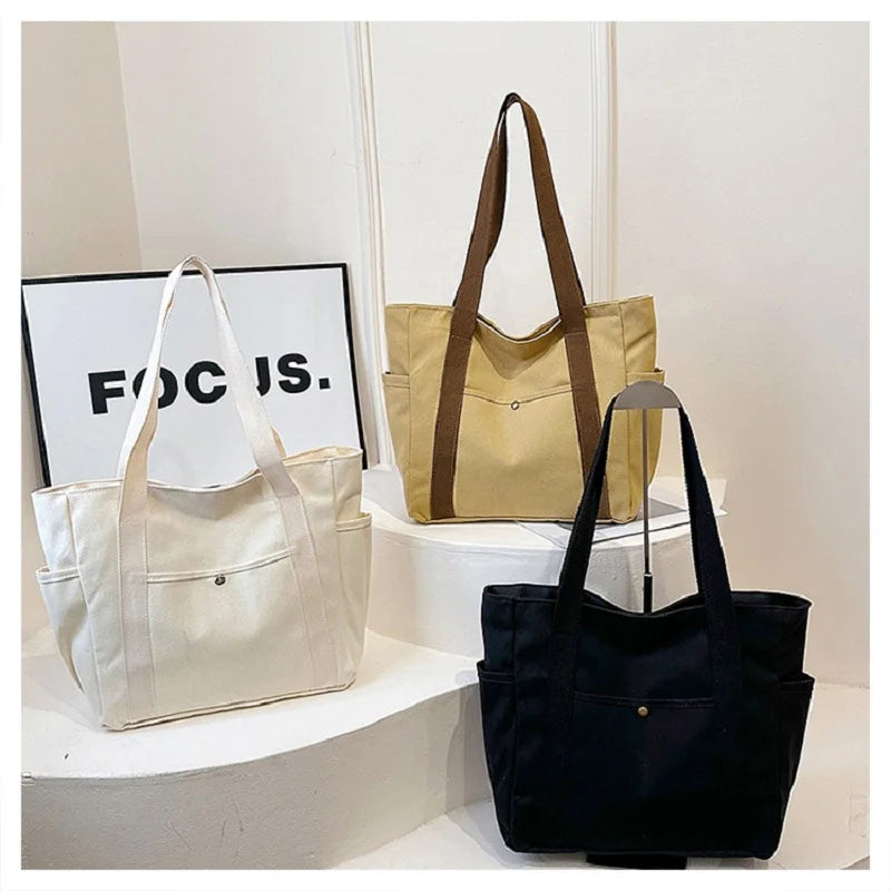 Preppy Style Shoulder Bag Unisex | Large Capacity Handbag & Casual Versatile Solid Canvas Bag (Student Commuting Zipper Square Bag) Luxegan