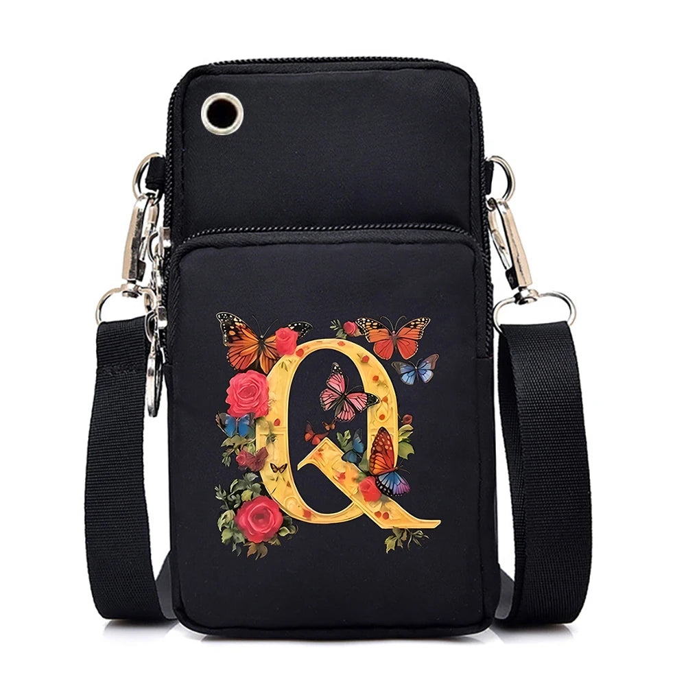 Women’s Small Crossbody Mobile Phone Bag | Sophisticated Vintage Flower & Alphabet Purse | Elegant Mini Messenger with Soft Leather Strap | Fashion-Forward Cartoon Applique Shoulder Bag (Model 858) Luxegan
