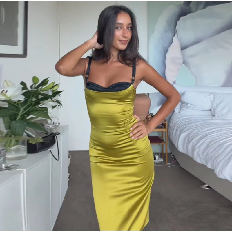 Sexy Satin Sleeveless Slip Midi Dress for Women Elegant Bodycon Evening Cocktail Dresses 2026 New Female Party Clubwear Outfit