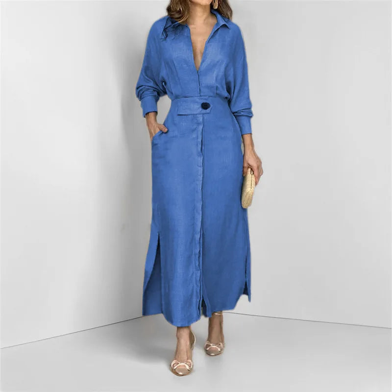 Women's Dress Autumn New Fashion Elegant Long Sleeve Leisure Solid Color V Neck Sexy Ladies Shirt Dresses Commuting Streetwear
