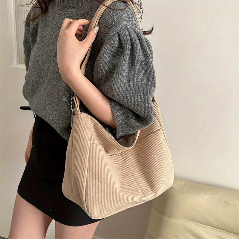 Women's Corduroy Shoulder Bag | Casual Striped Large Capacity Tote with Zipper (Cute Hat Patch, Everyday Use) Luxegan