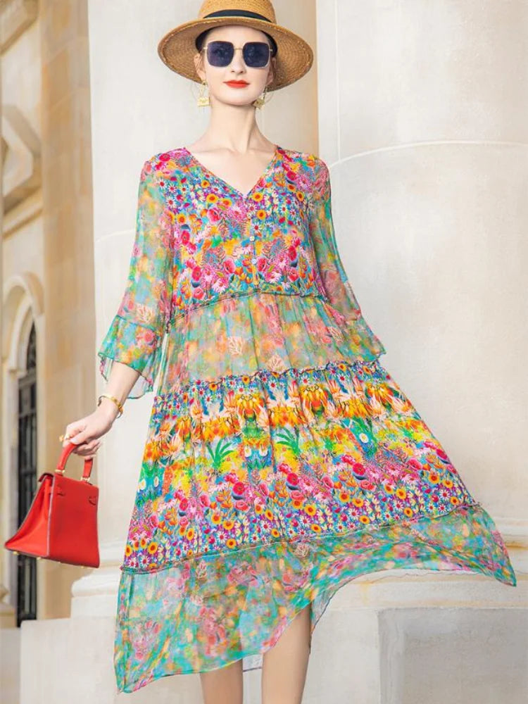 V-Neck Three-Quarter Sleeve Print Chiffon A-Line Midi Dress | Boho Vintage Beach Elegant Party Dress Luxegan