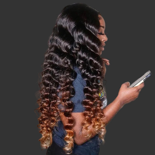 Honey Blonde Ombre Loose Deep Wave HD Lace Wig | Sophisticated 13x6 Transparent Frontal | Elegant "Brazilian Remy" 26+ Inch Silhouette | "Dignified" Pre-Plucked Curly Human Hair for Radiant Versatile Styling Luxegan