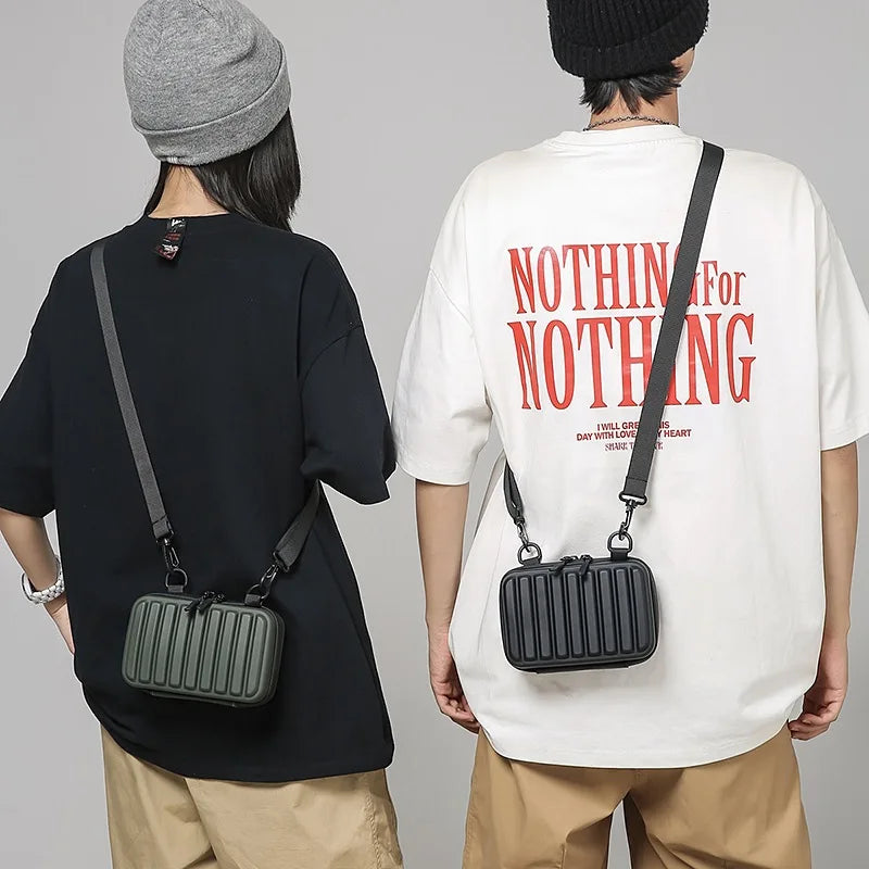 Unisex Army Green Mini Box Crossbody | Casual Leisure Shoulder Sling Bag | Durable PVC Solid Color Handbag with Striped Texture &amp; Zipper Closure Luxegan