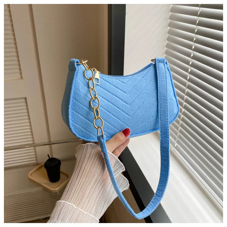 Fashion Felt Mini Shoulder Bag for Women | Design Advanced Crescent Saddle Underarm Handbag with Chain Detail Luxegan