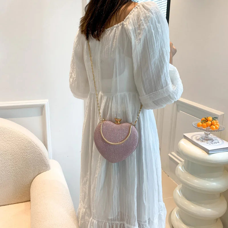 Shiny Heart Shape Metal Evening Clutch Bag for Women | Fashion Chain Shoulder Crossbody Bag (Luxury Lady Purse) Luxegan