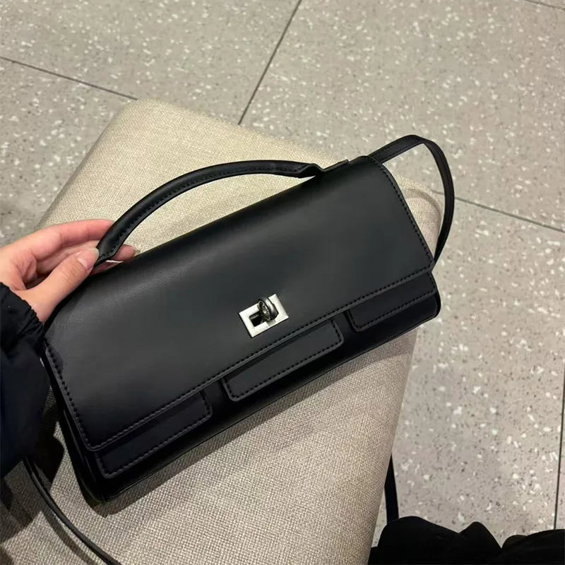 Genuine Leather Solid Satchel | Soft Black Lock Design Shoulder Crossbody Bag Luxegan