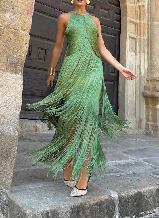 Tassel Halter Neck Midi Dress | Sleeveless A-Line Solid Casual Long Dress Luxegan