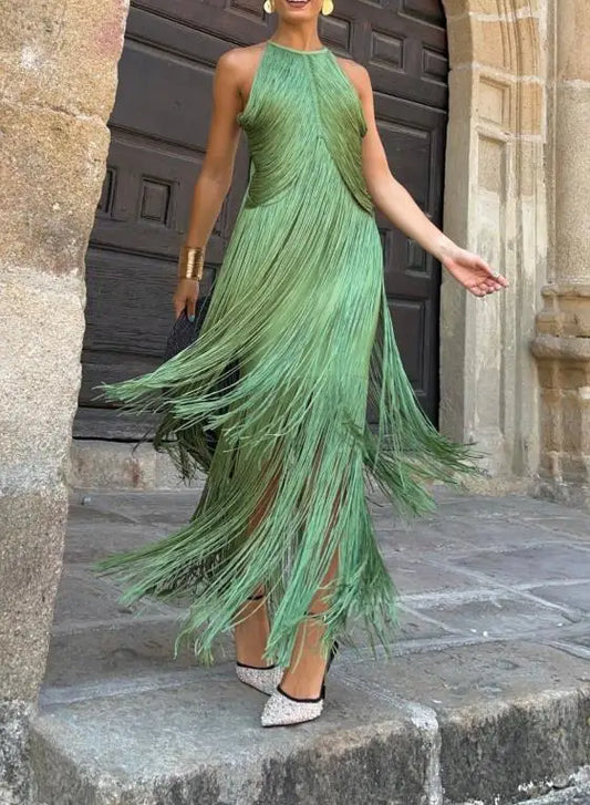 Tassel Halter Neck Midi Dress | Sleeveless A-Line Solid Casual Long Dress Luxegan