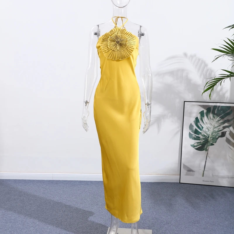 Elegant Party Women's Dress 3D Flower Halter Sleeveless Backless Mermaid Satin Female Dresses 2026 Summer Chic Evening Lady Robe
