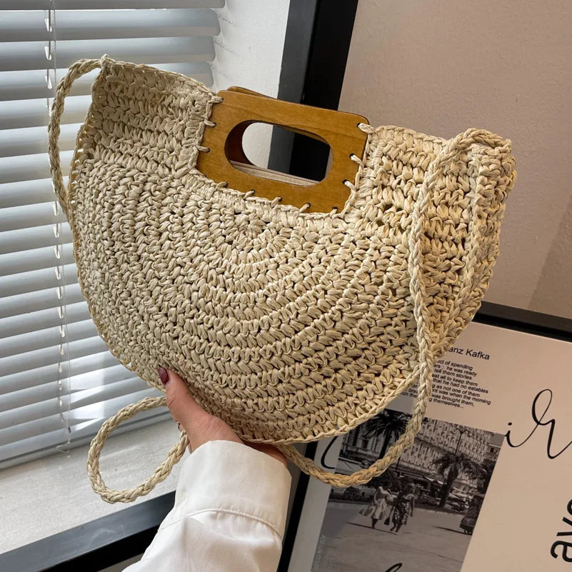 Minimalist Bohemian Half-Moon Straw Tote | Soft Rattan Beach Handbag Luxegan