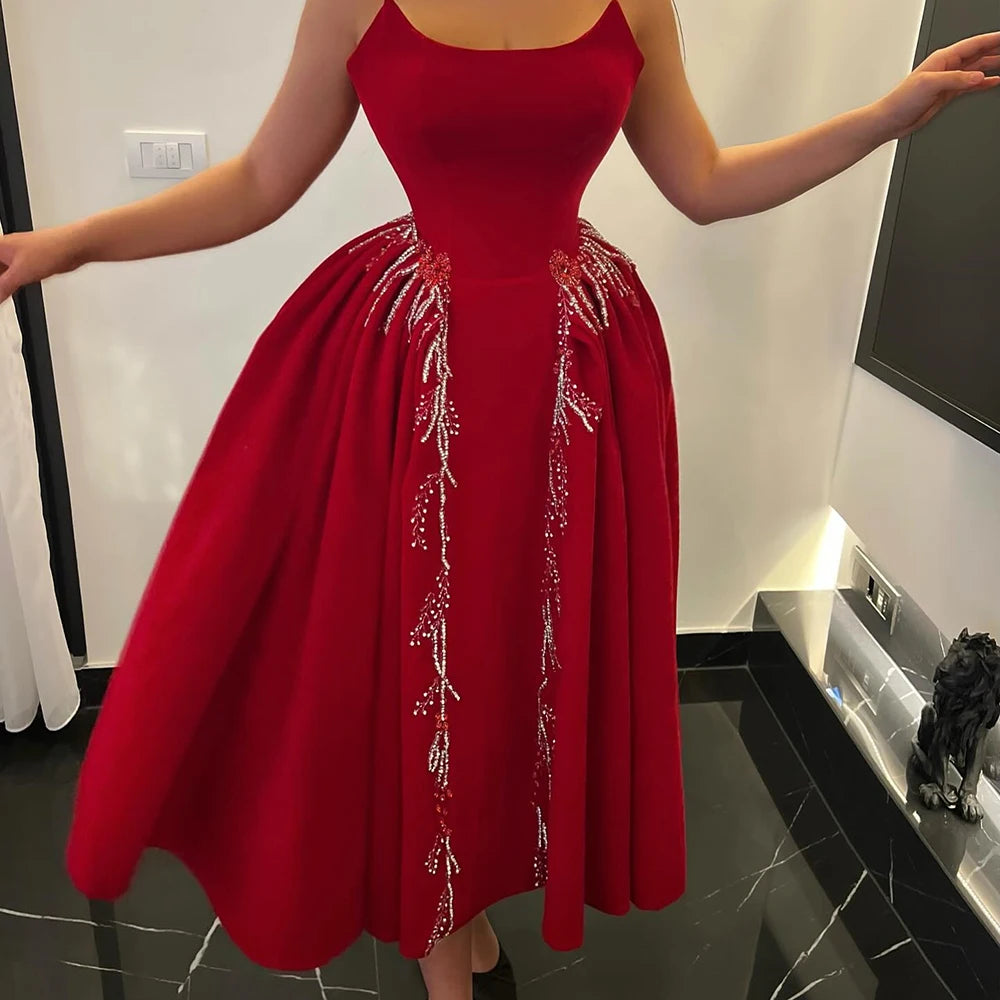 Sequined Backless A-Line Evening Gown | Strapless Sleeveless Tea-Length Prom Dress Luxegan
