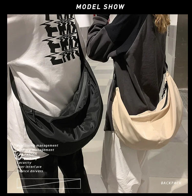 Unisex Solid Color Large Capacity Hobo Crossbody Bag | Harajuku Japanese Style Waterproof Nylon Travel Shoulder Purse Luxegan