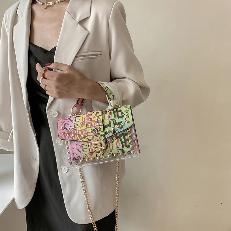 Brand Women's Studded Graffiti Crossbody Bags | Fashion Shoulder Bag for Ladies (Luxury Designer PVC Handbags & Messenger Satchel) Luxegan