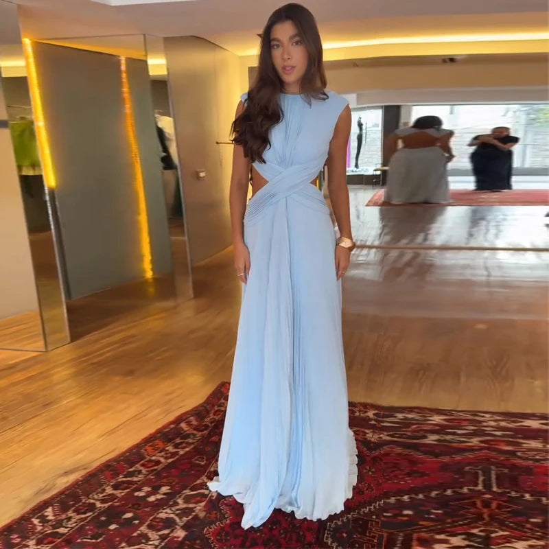 Women's Hollow Out Sleeveless Backless Pleated Party Dress – A-Line Maxi