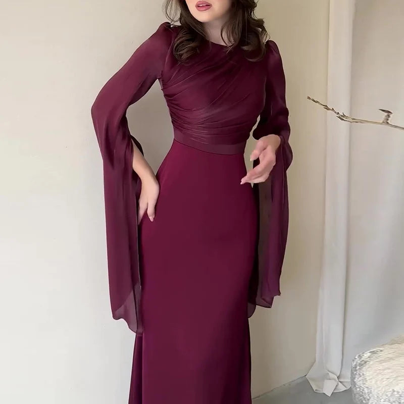 Solid Round Neck Batwing Sleeve Folded Detail Slim Fit A-Line Ankle-Length Dress – Autumn Luxegan