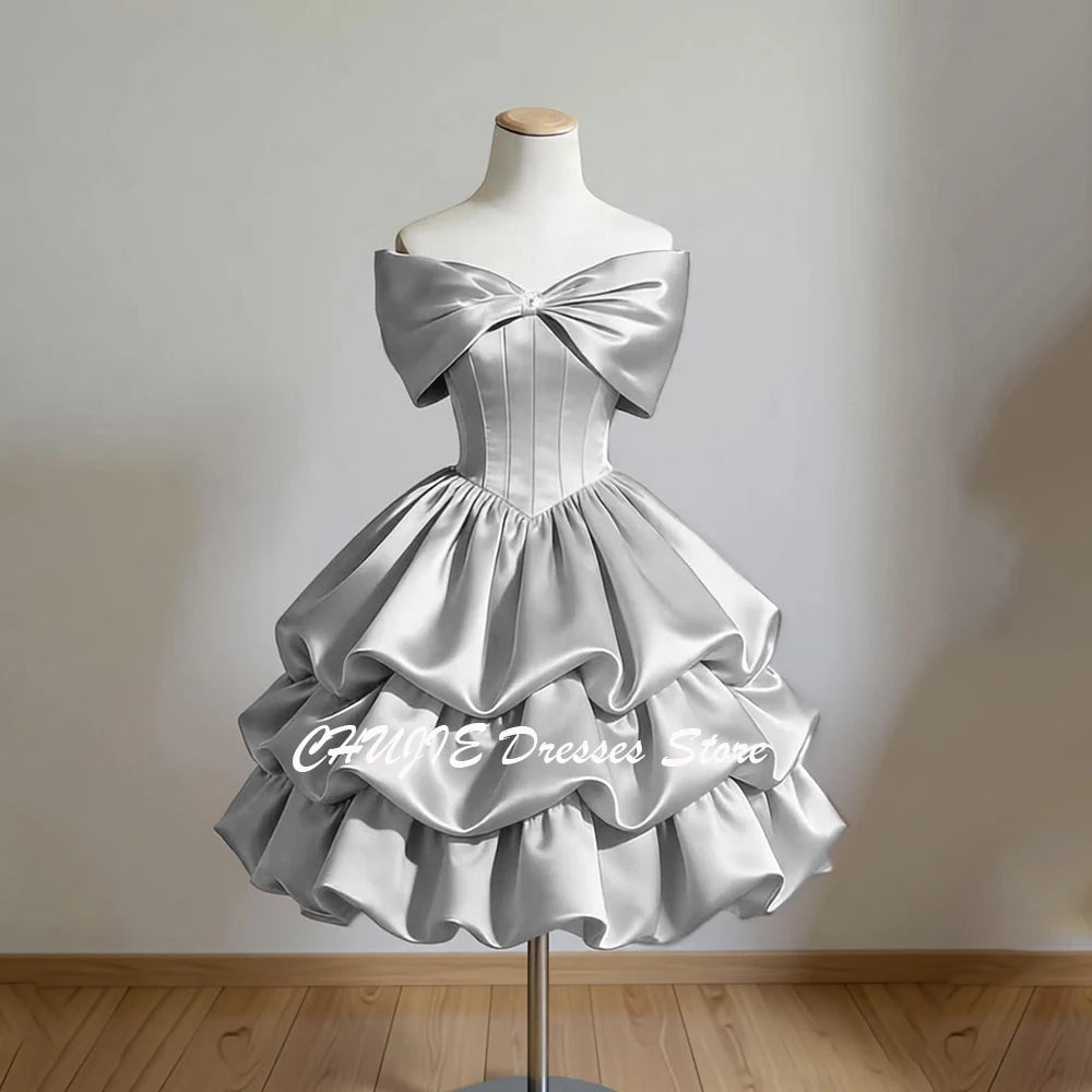 Vintage Off-The-Shoulder Homecoming Mini Dress | Crystal Bow Tiered Graduation Dress | Sleeveless Knee-Length Satin Sweet 15 16 Prom Gown Luxegan