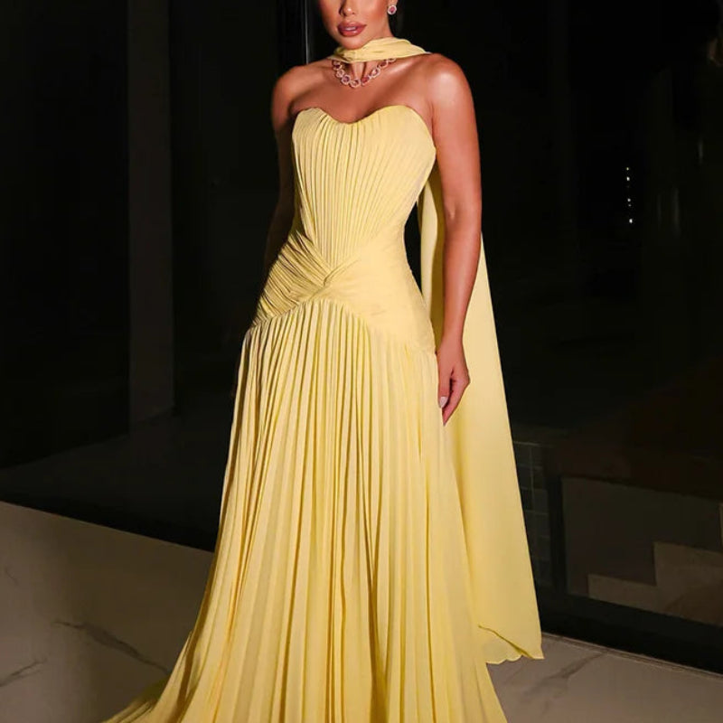 Women's A-Line Yellow Evening Dress | Elegant Pleated Formal Prom Gown | Classic Strapless Floor-Length Evening Dress | Premium Chiffon Sleeveless Custom Made Robe Model M2-250925-11 Luxegan