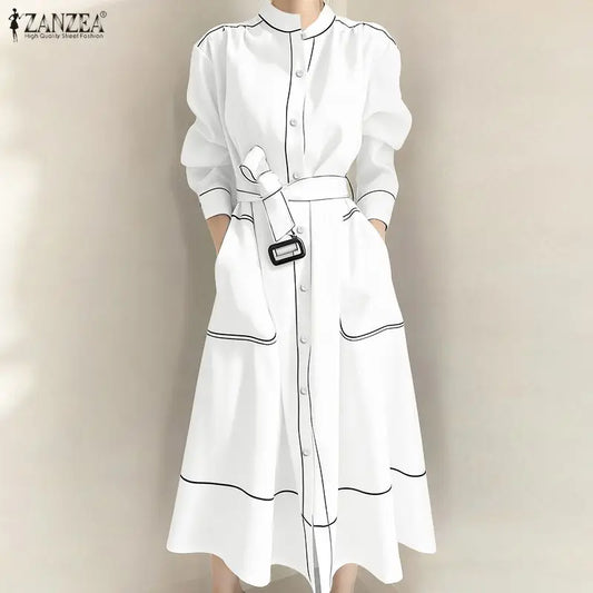 ZANZEA Vestidos Largos de Moda para Mujer Camisas Elegantes Ropa de Calle Oficina Señora Midi Vestidos con Cinturón Casual Otoño Manga Larga Fiesta Túnica