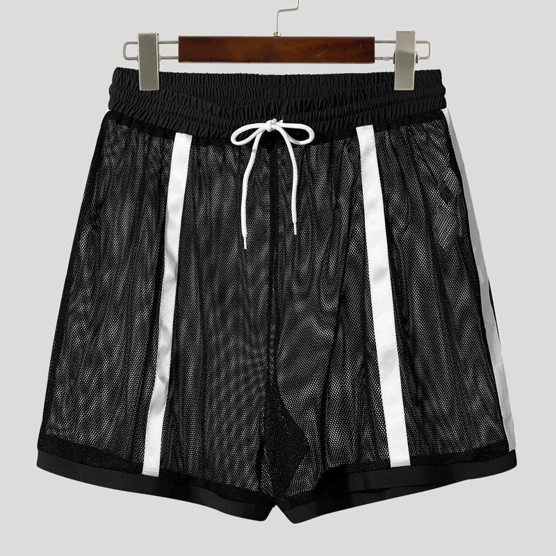 Men’s Mesh Patchwork Drawstring Shorts | Sophisticated "Transparent" Streetwear Silhouette | Elegant Loose Summer Vacation Bottoms | "Dignified" High-Performance Mesh Shorts for Radiant Versatile Styling