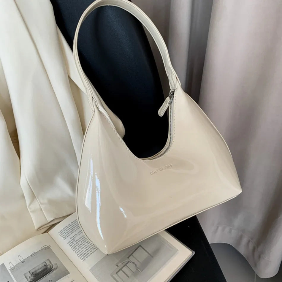 Designer Patent Leather Crescent Bag | Soft Solid Color Shoulder Tote Luxegan